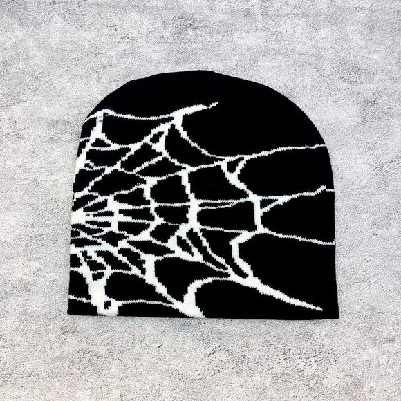 y2k 2000s black & white grunge gothic spiderweb beanie - Picture 1 of 6